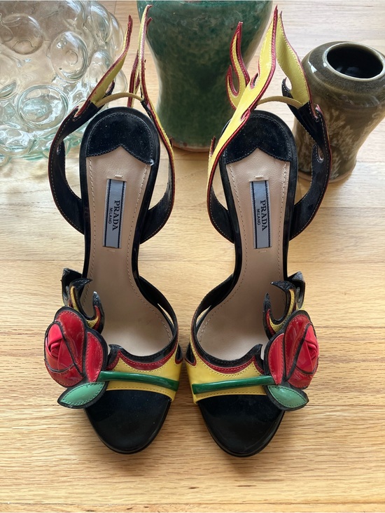 Prada Shoes - Iconic Prada Hot Rod Flames Heels SS 2012 Yellow With Roses Like New 36.5/6.5